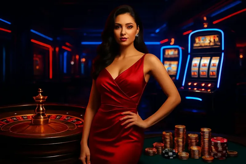 Elegant Casino Banner Beautiful woman in red dress near roulette and slot machines in luxury Bangladeshi casino with neon and gold accents