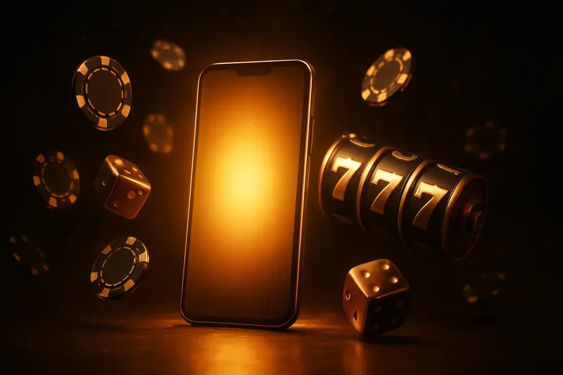 Glowing Smartphone Casino Banner Glowing smartphone surrounded by casino chips, slot reels, and dice on a dark luxurious background